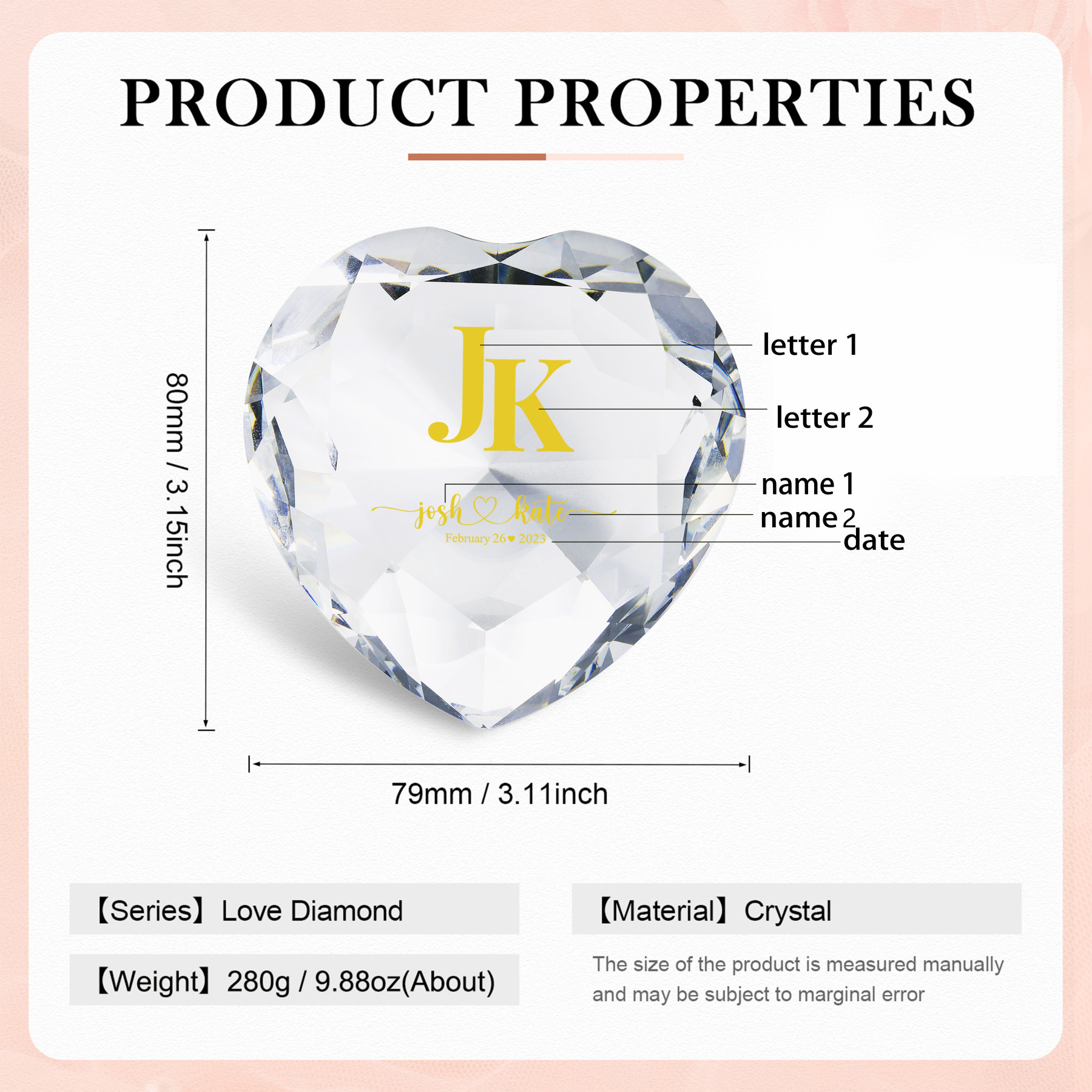 Décoration Cristal Cœur 2 Prénoms et 2 Lettres Personnalisés avec Date pour Couple