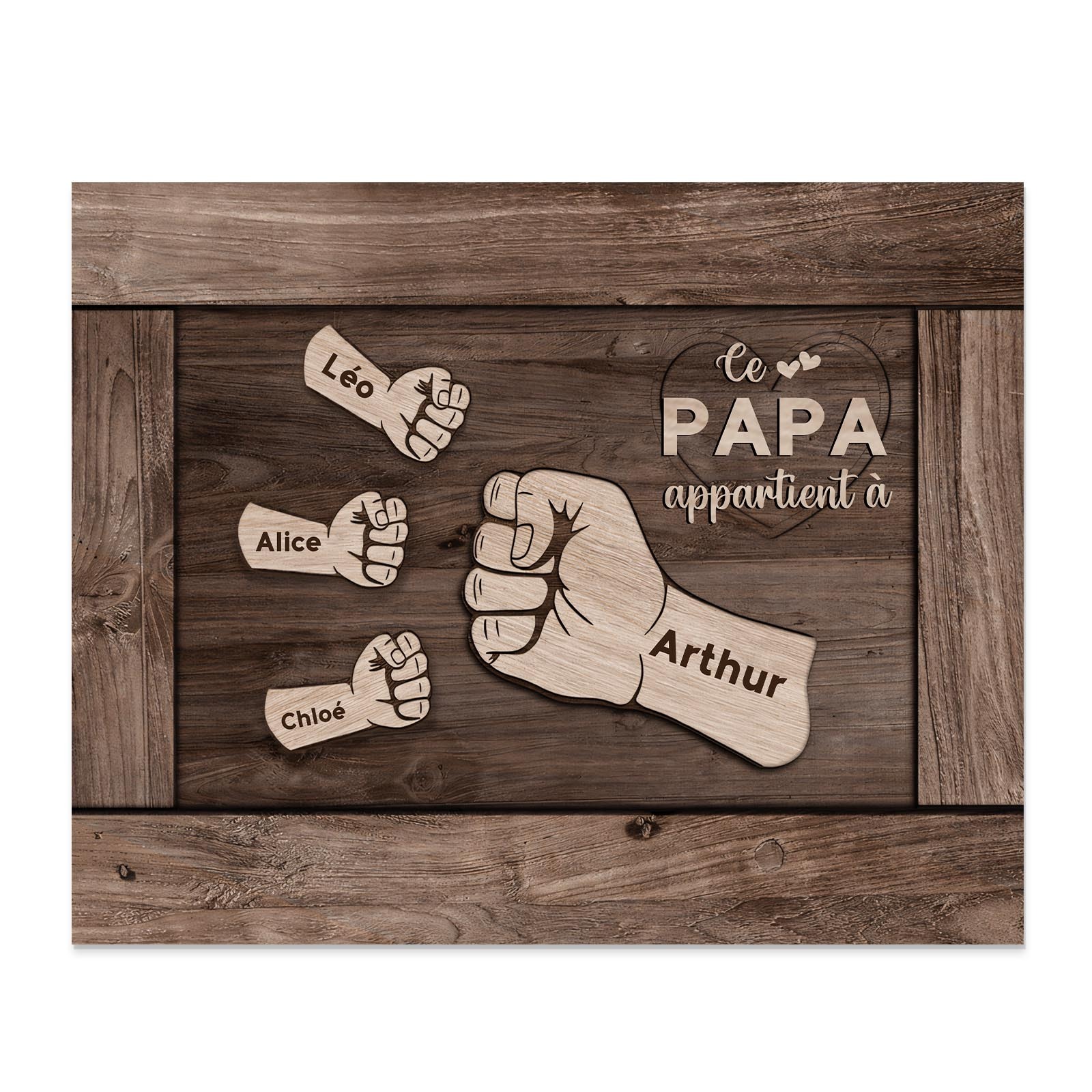 À Mon Papa/Papy-Cadre Imprimé en Bois Poings 4 Prénoms Personnalisés avec Texte