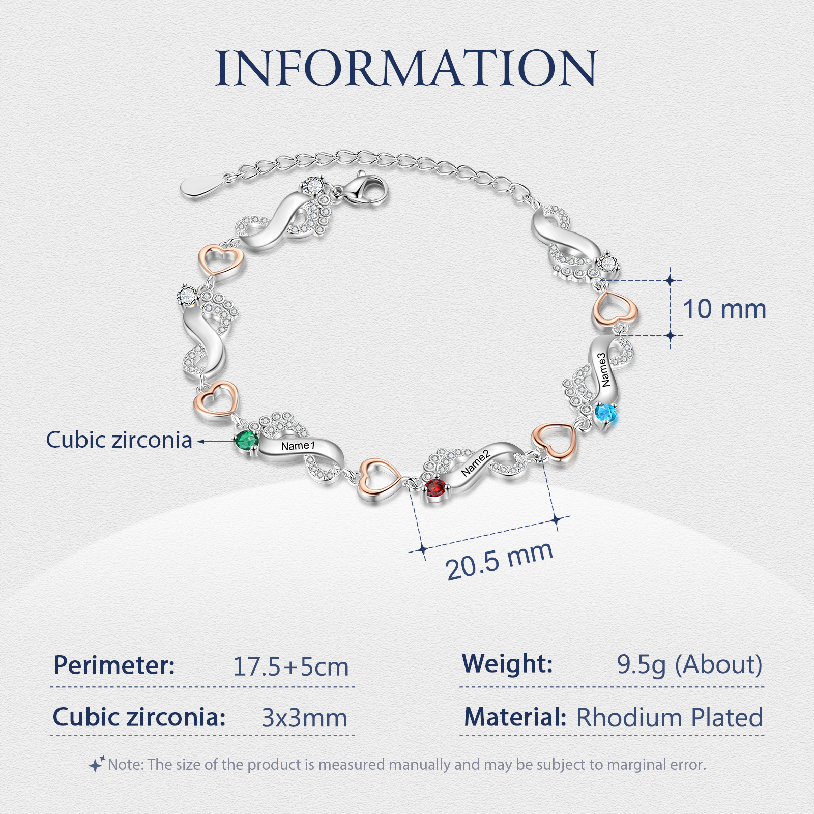 Bracelet Pied bébé et Cœur Personnalisé avec 3 Prénoms et Pierres de naissance Bracelet pour Femme | Jessemade