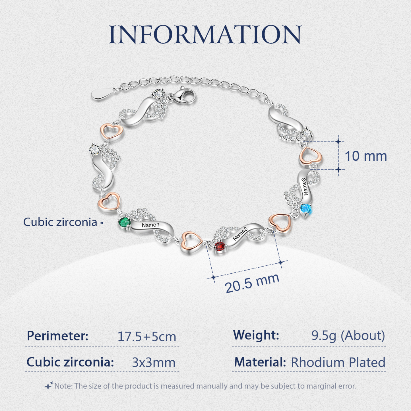 Bracelet Pied bébé et Cœur Personnalisé avec 3 Prénoms et Pierres de naissance Bracelet pour Femme | Jessemade
