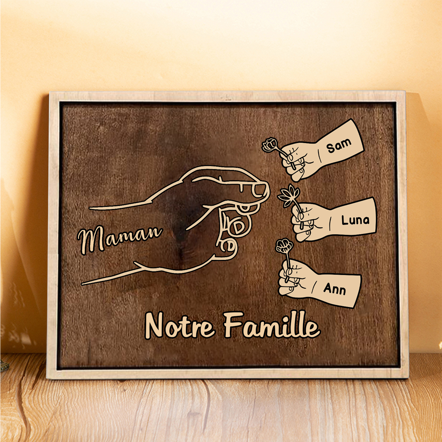 À Maman/Mamie - Cadre en Bois Main et Enfants 4 Prénoms Personnalisés avec Texte Cadeau pour Famille