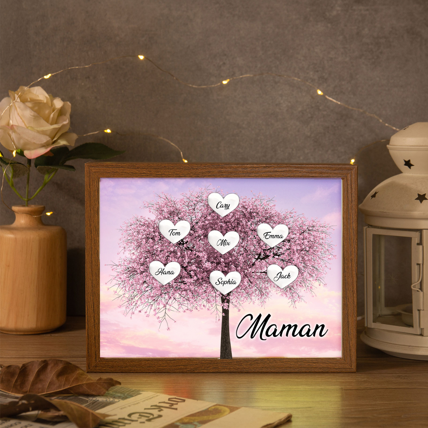 Cadre Photo LED Arbre de Vie 7 Prénoms et 1 Texte Personnalisé Décoration Famille
