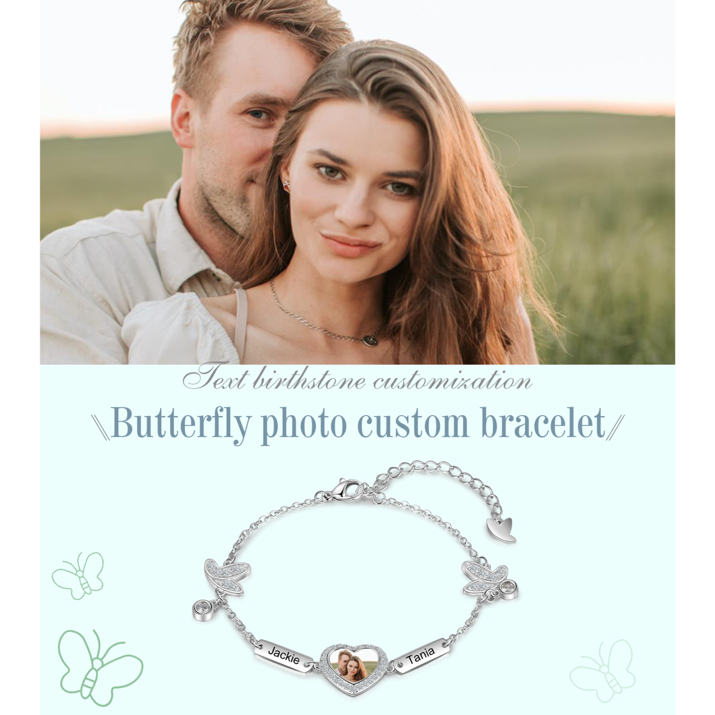 Bracelet Photo 2 prénom Personnalisé avec Cœur Breloque