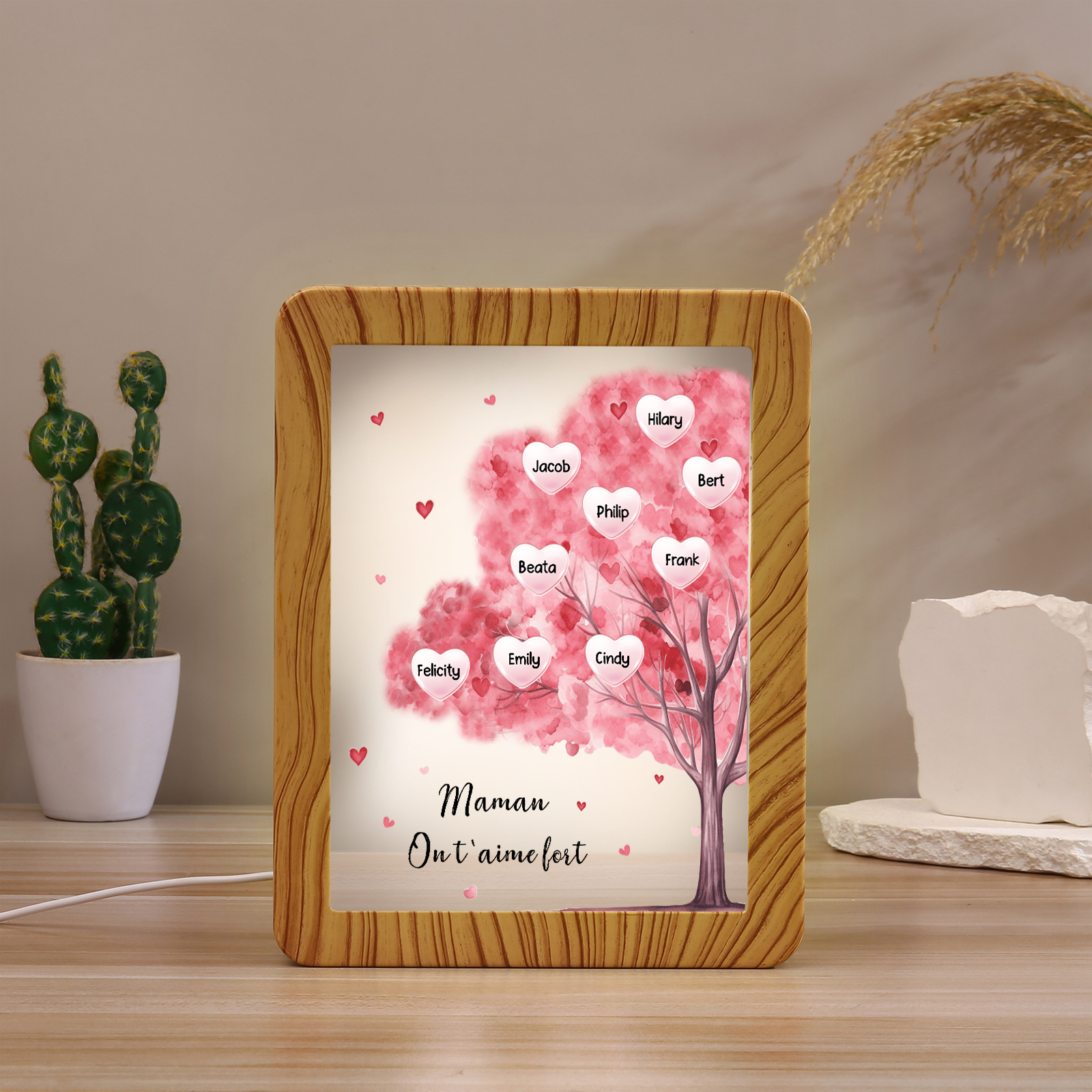 Cadre Photo/Miroir LED Multifonctionnel Arbre 9 Prénoms Personnalisés avec Texte pour Famille