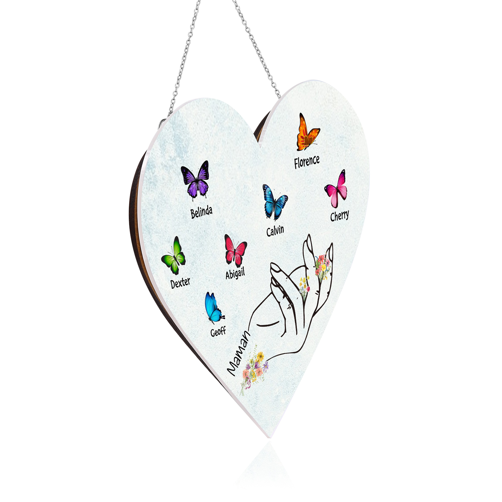 À Maman/Mamie - Veilleuse Cœur Décoration Main et Papillon 7 Prénoms Personnalisés avec 1 Texte