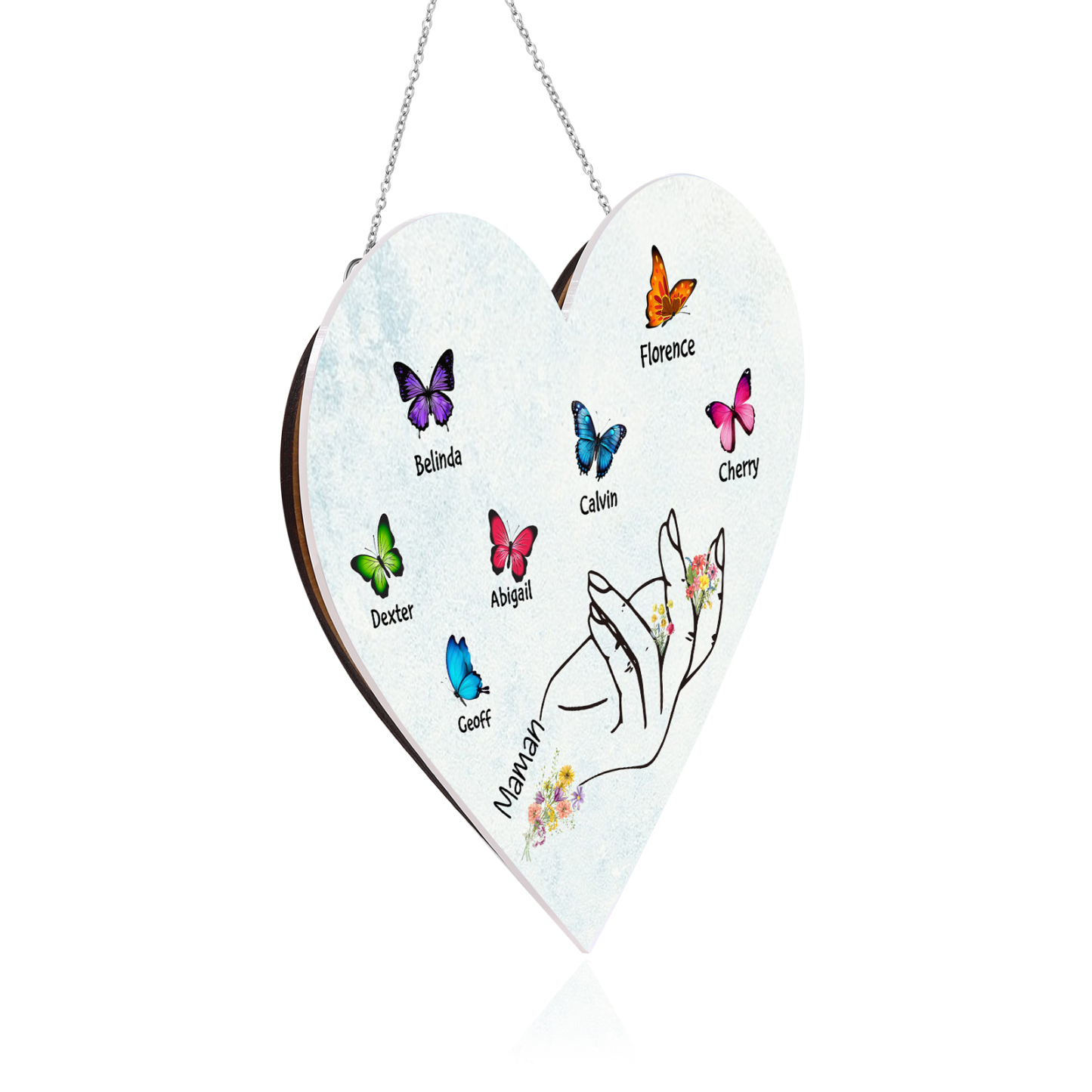 À Maman/Mamie - Veilleuse Cœur Décoration Main et Papillon 7 Prénoms Personnalisés avec 1 Texte