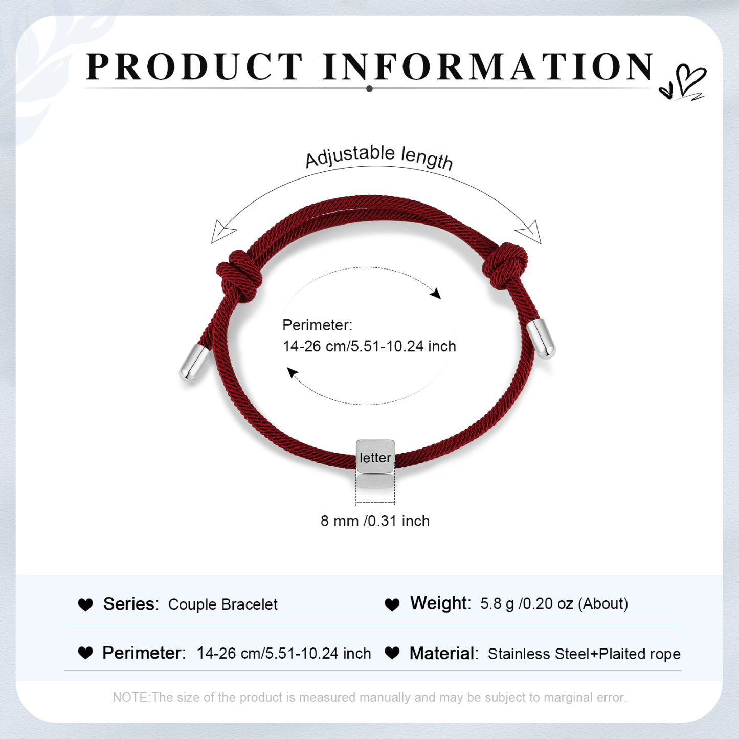 Bracelet Initiale 1 Lettre Personnalisée Rouge pour Couple｜Jessemade
