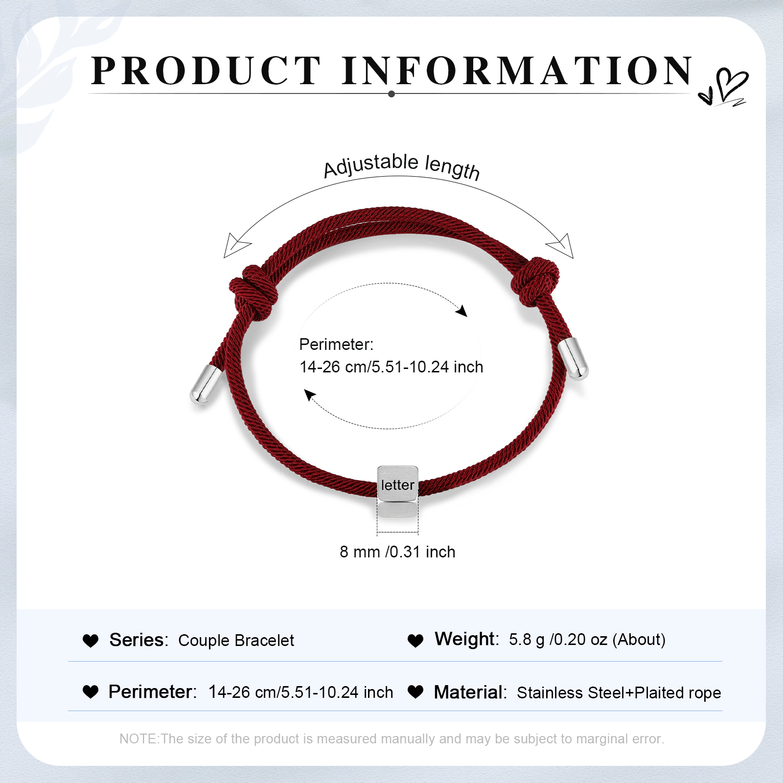 Bracelet Initiale 1 Lettre Personnalisée Rouge pour Couple｜Jessemade