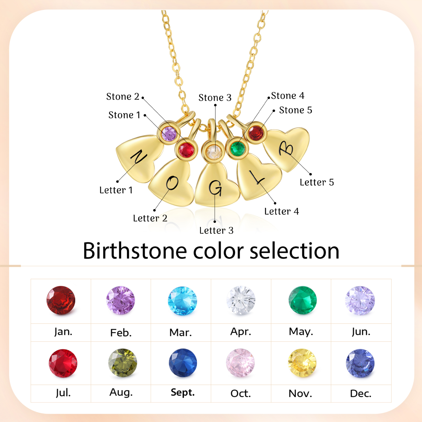 Collier Pendentif Cœur 6 Lettres Personnalisées avec Pierre de naissance pour Femmes
