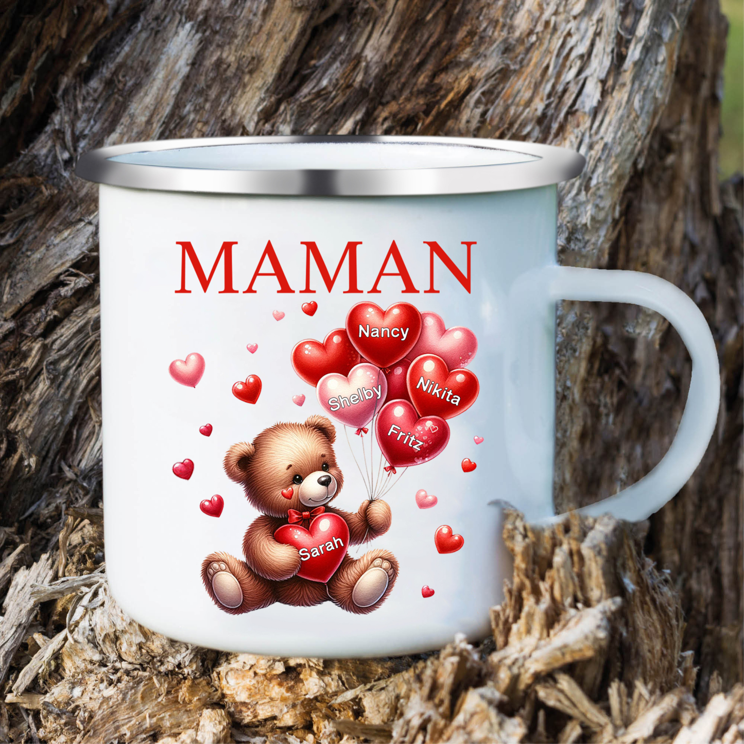 À Maman/Mamie - Tasse émaillée Ours 5 Prénoms Personnalisés