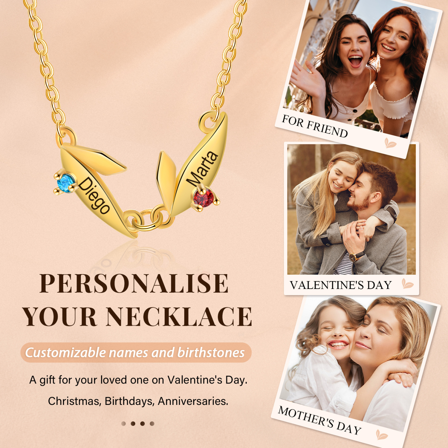 Collier Feuille 2 Prénoms Personnalisés avec Pierre de naissance Collier Femmes