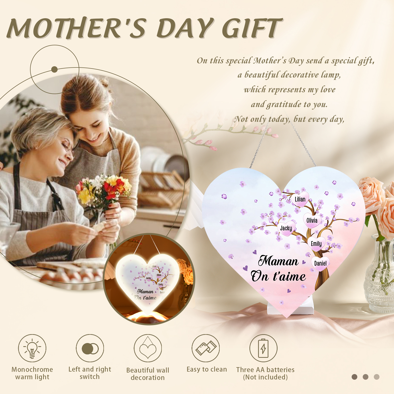 À Maman/Mamie - Veilleuse Cœur Décoration Arbre 5 Prénoms Personnalisés avec 1 Texte