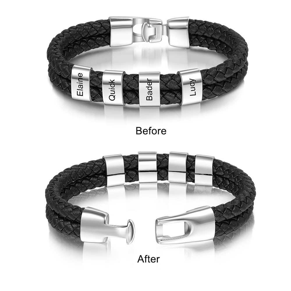 À mon Papa - Bracelet Cuir tressé 4 Perles et Prénoms Personnalisés Bracelet Hommes