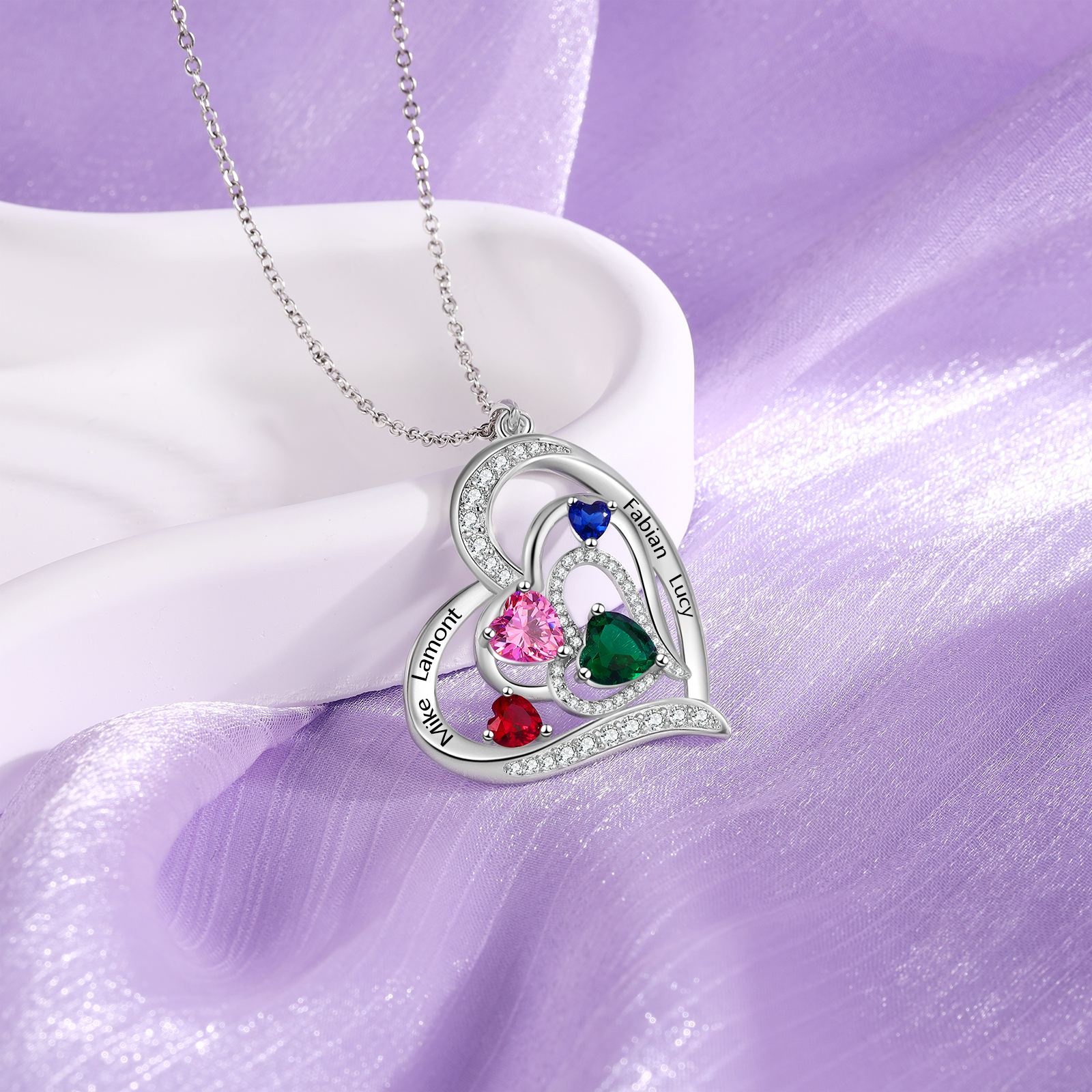 Collier Pendentif Cœur 4 Prénoms Personnalisés avec 4 Pierres de Naissance Collier Femmes