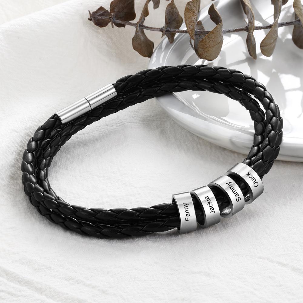 Bracelet en Cuir Tressé Prénom Personnalisé Bracelet Homme Avec 4 Perles
