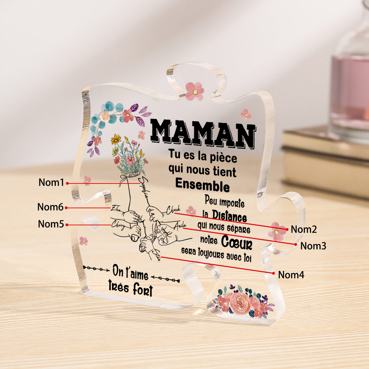 À ma Maman - Plaque Acrylique en forme de Puzzle 6 Prénoms Personnalisés la Main dans la Main