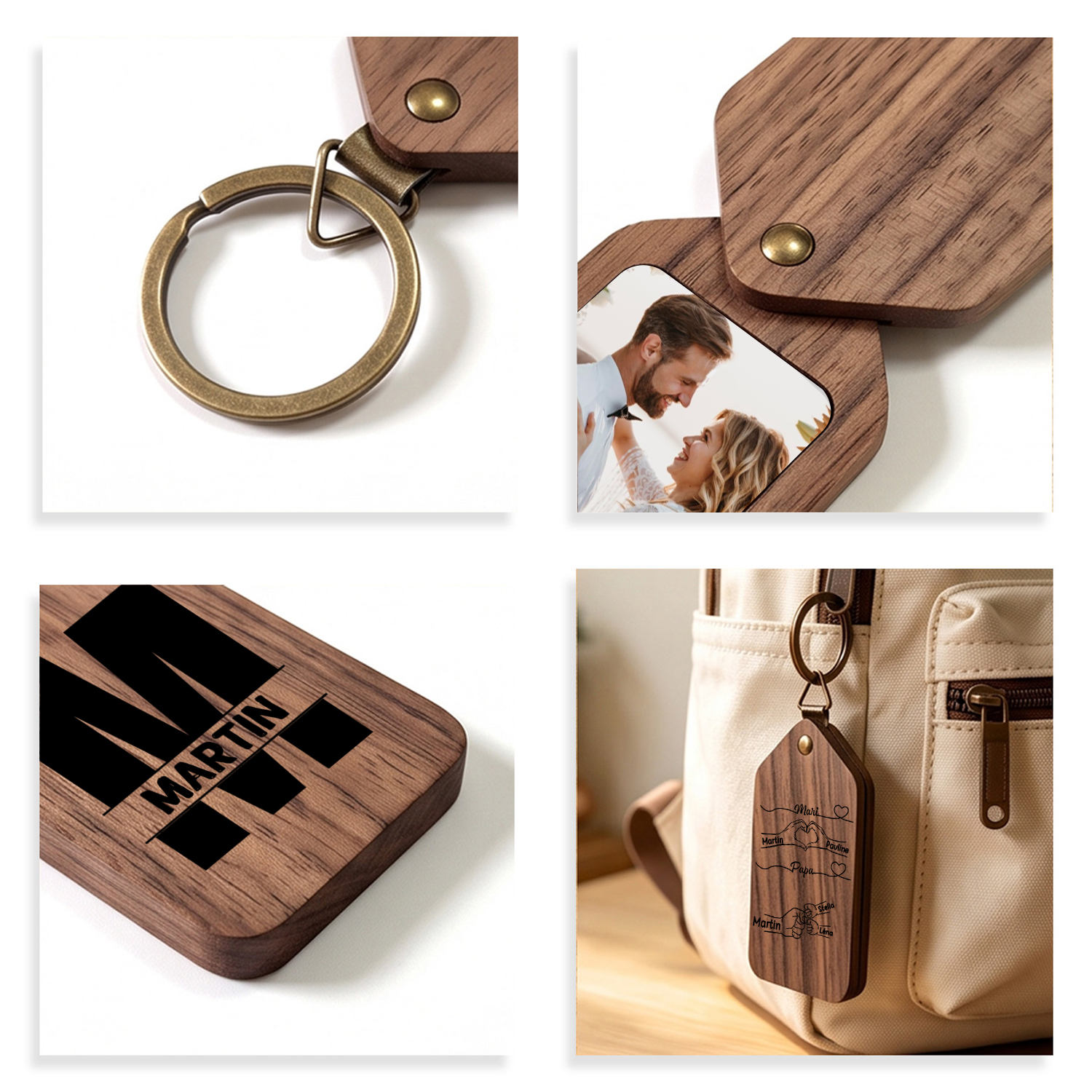 Porte-Clés Photo Personnalisé en Bois avec 2 à 9 Prénoms et des Poings pour Papa ou Mari