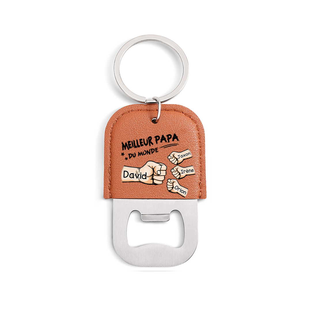 Porte-clés personnalisé en cuir avec décapsuleur pour papa, personnalisable avec 2 à 7 Prénoms et Poings