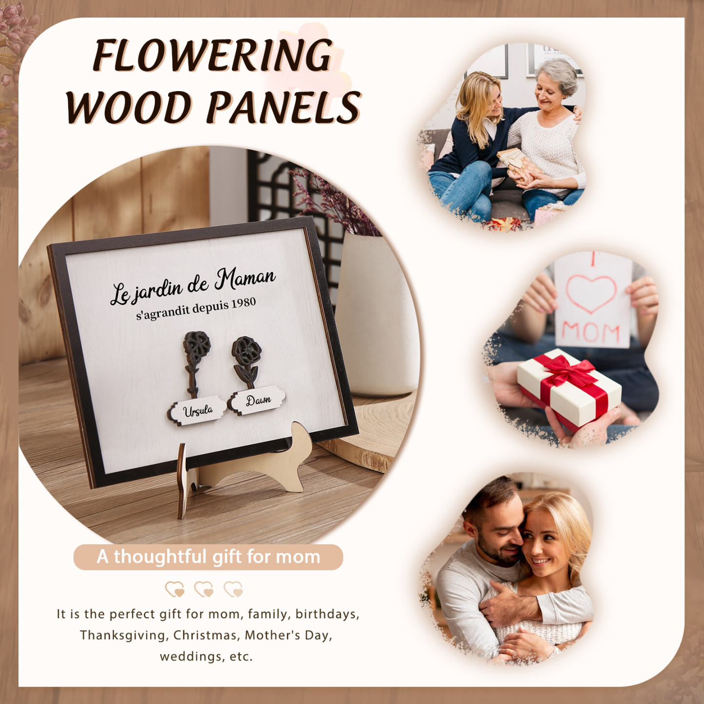 À ma Maman - Décoration en bois Fleurs 2 Prénoms Personnalisés avec Fleurs de naissance Ornement pour Famille