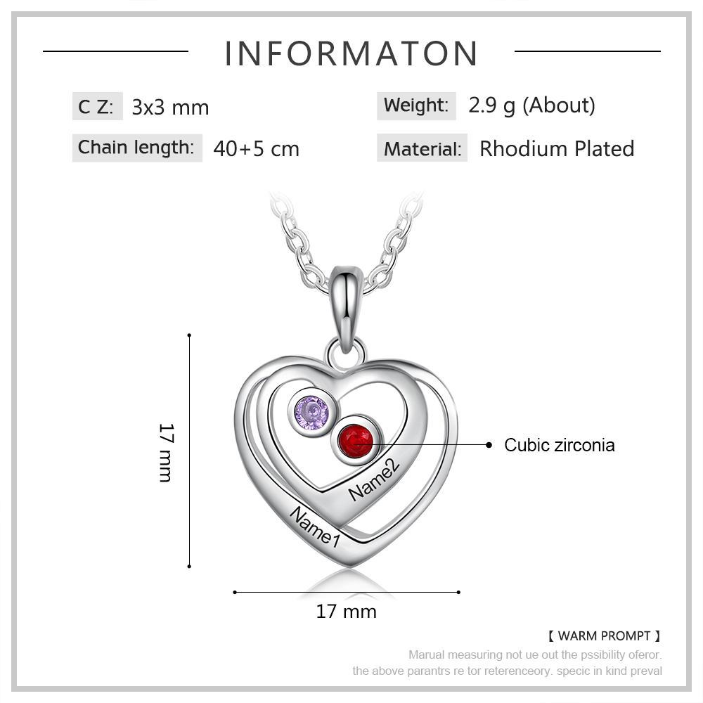 Collier coeur 2 Prénoms Personnalisés avec 2 Pierre de Naissance