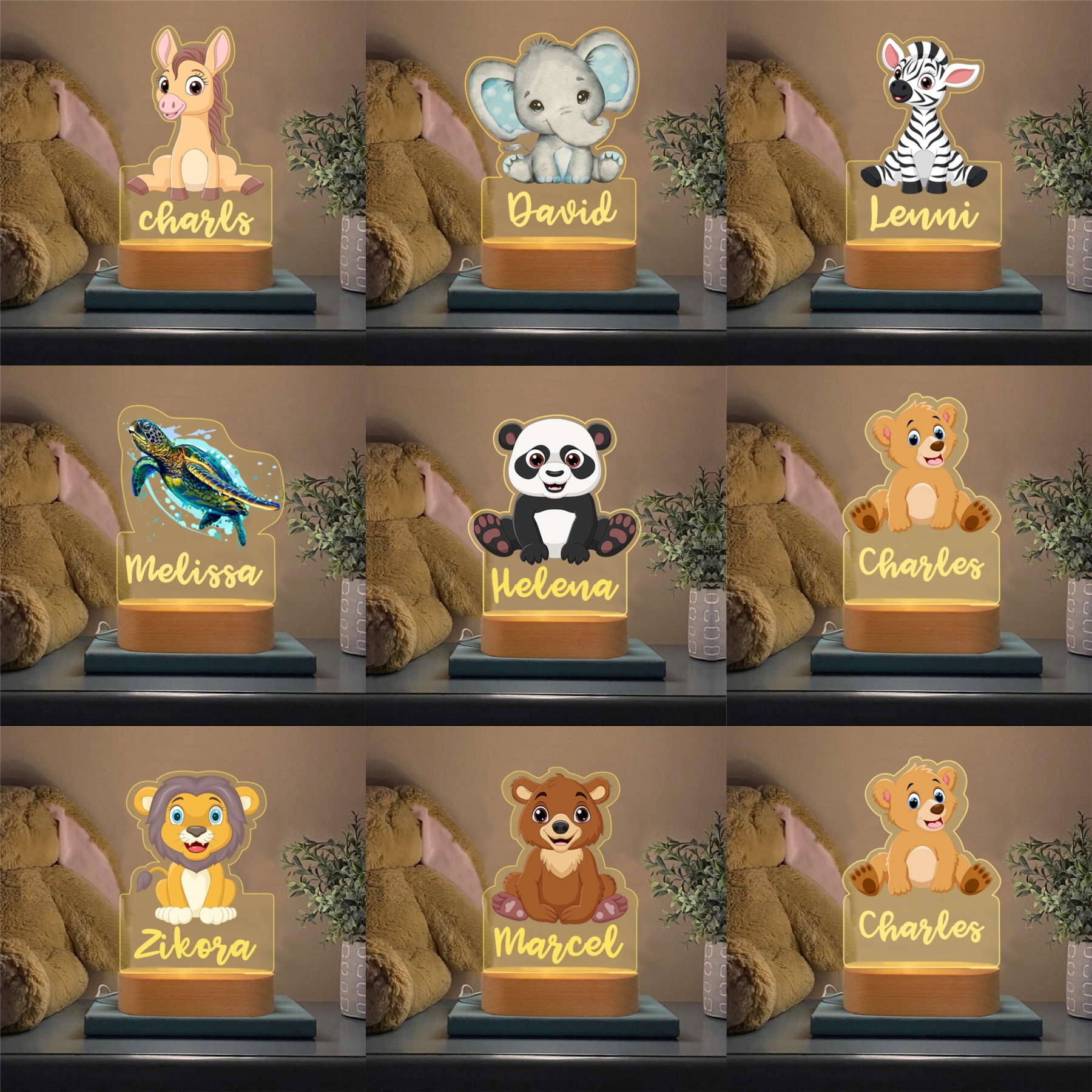 Lampe de chevet 27 animaux Prénom personnalisé LED Lumières 