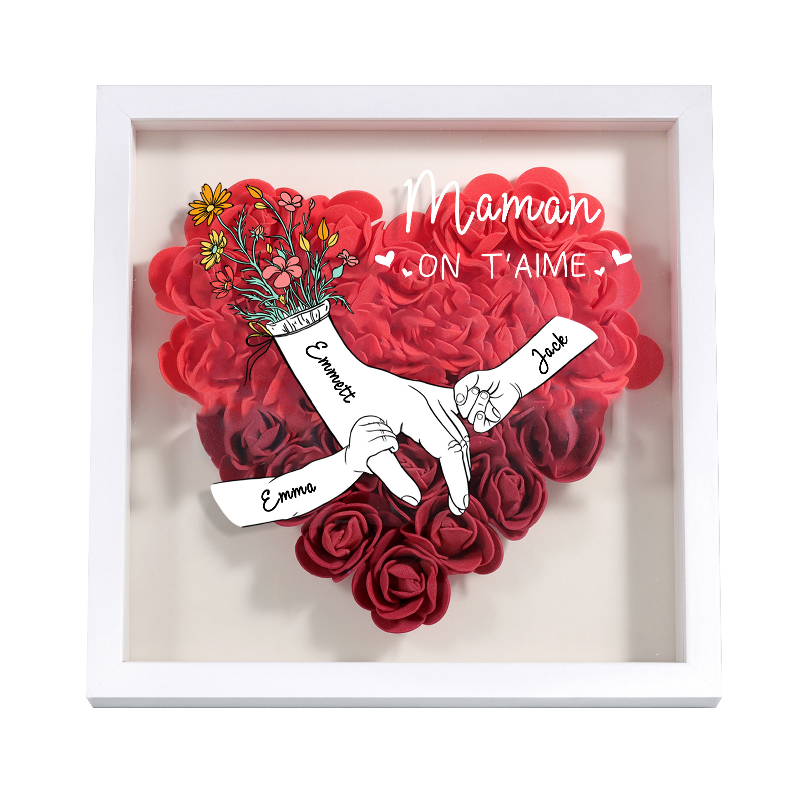 À ma Maman - Cadre Panneau de densité la main dans la main 3 Prénoms et 1 Texte Personnalisés Ornements Floral pour Famille