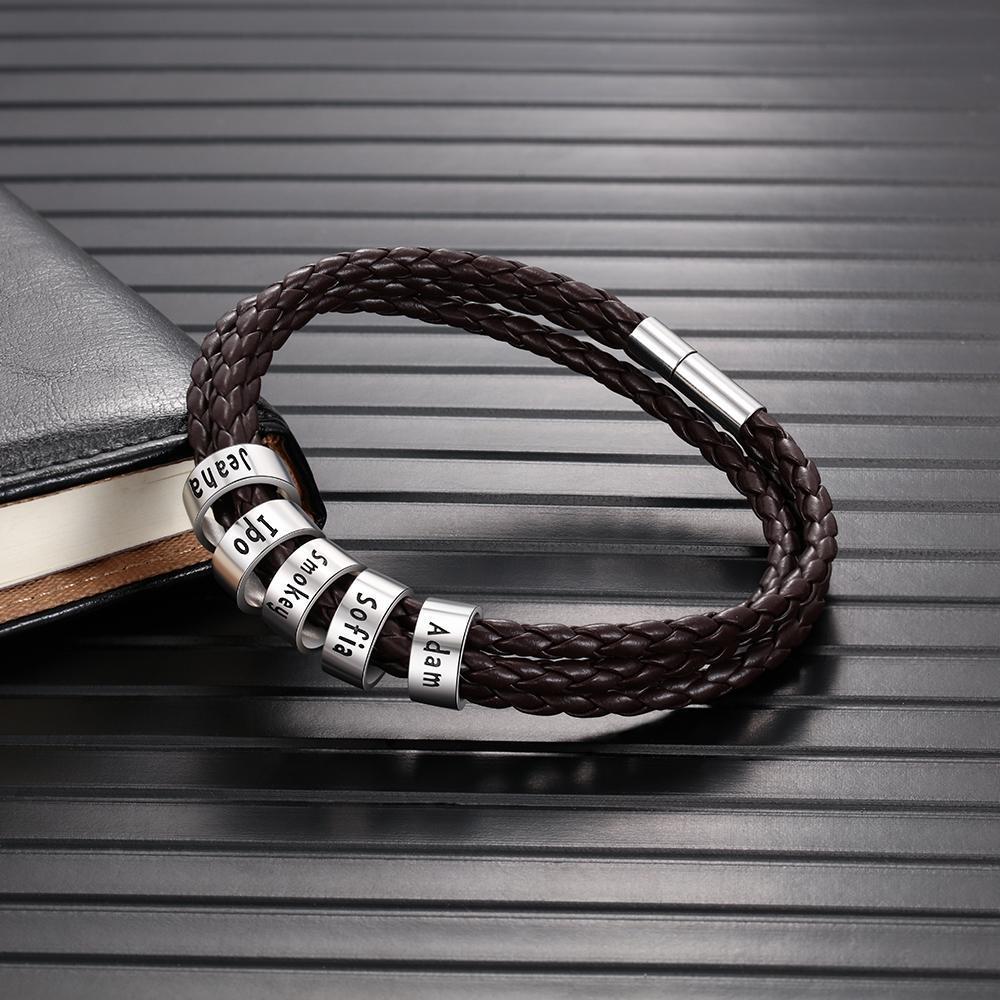 Bracelet Cuir tressé Prénom Personnalisé Bracelet Homme Avec 5 Perles