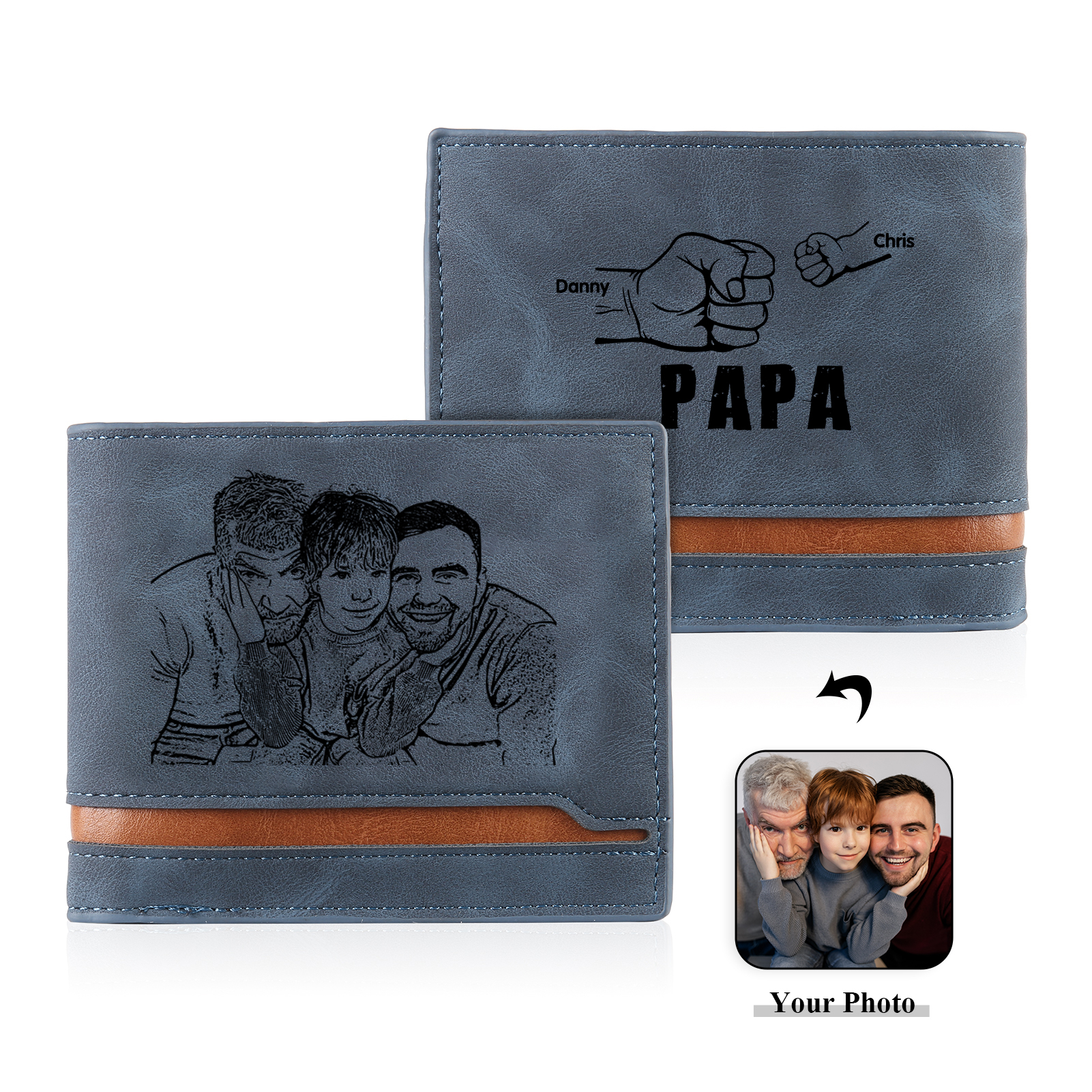 À mon Papa - Portefeuille Poings 2 Prénoms Personnalisés avec Photo Classique Homme Porte-Monnaie Carte