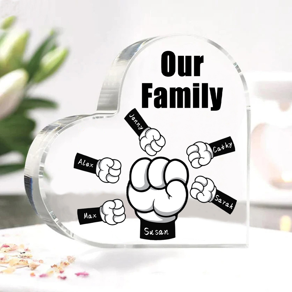 À mon Papa/Maman - Plaque Acrylique en Forme de Cœur Poings 6 Prénoms Personnalisés avec 1 Texte