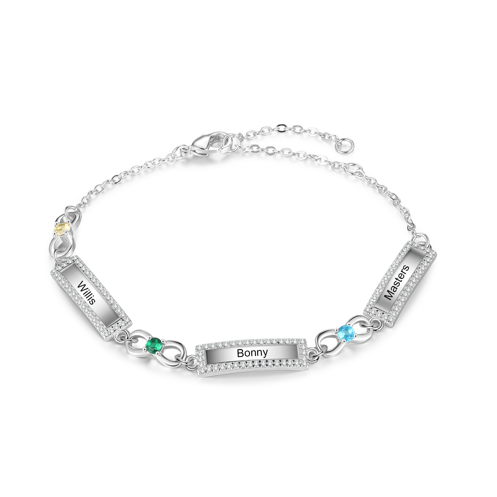 Bracelet Infini 3 Prénoms Personnalisé avec 3 Pierres de Naissance
