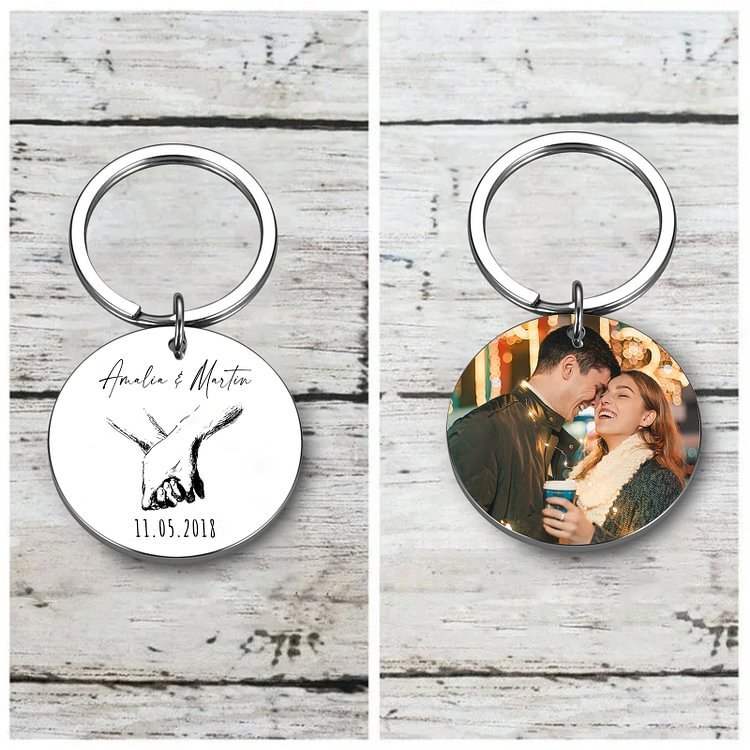 Porte-Clés 2 Prénoms et 1 Photo Personnalisés avec Date pour Couple