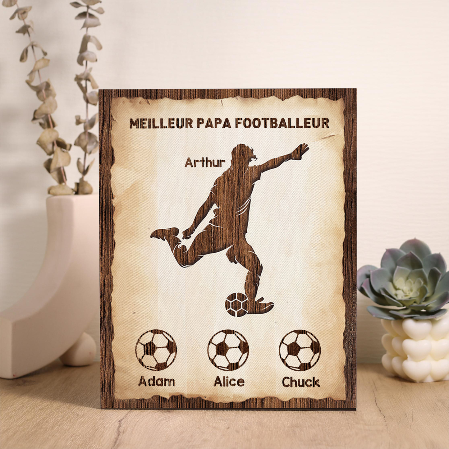 À Mon Papa-Cadre en Bois Football 4 Prénoms Personnalisés