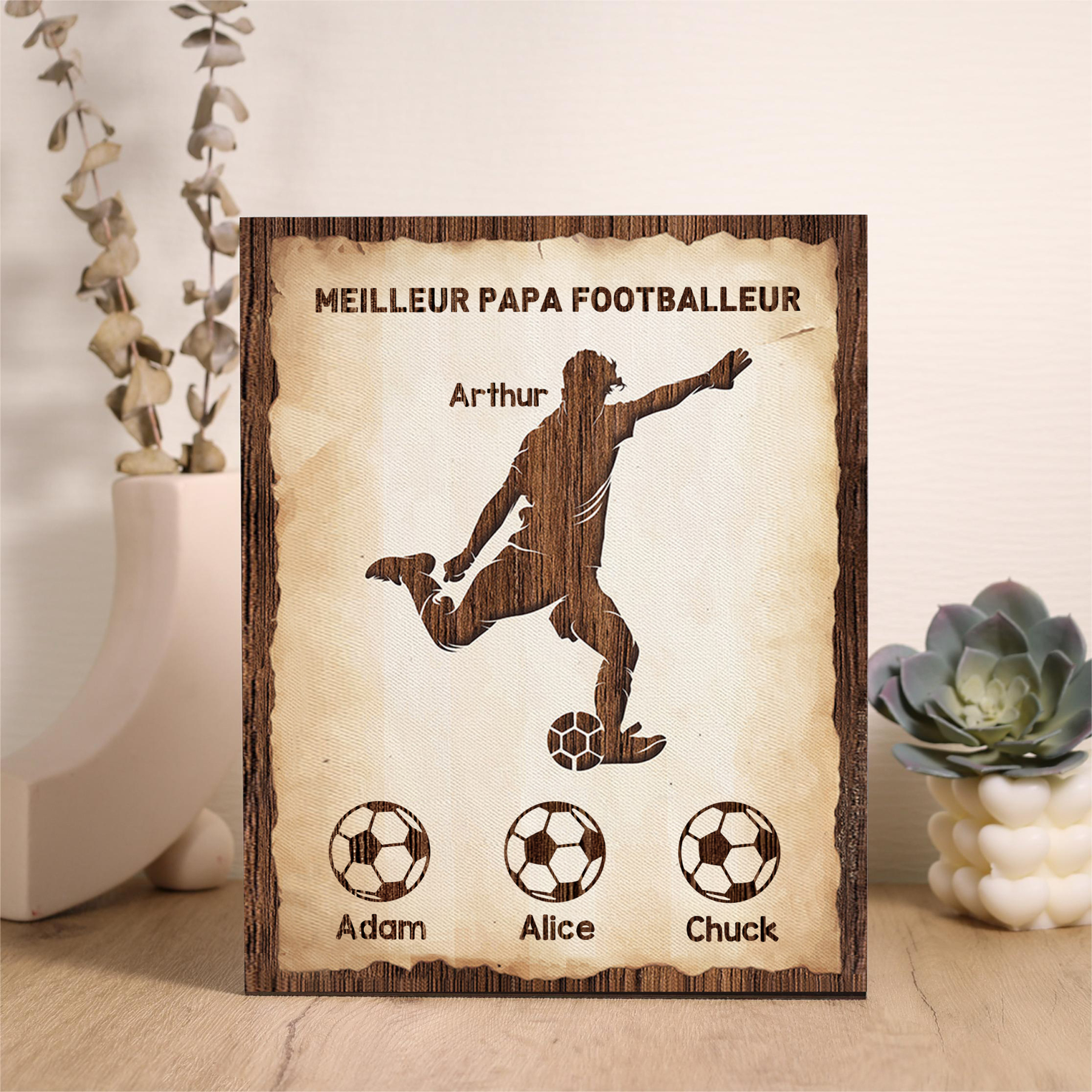À Mon Papa-Cadre en Bois Football 4 Prénoms Personnalisés