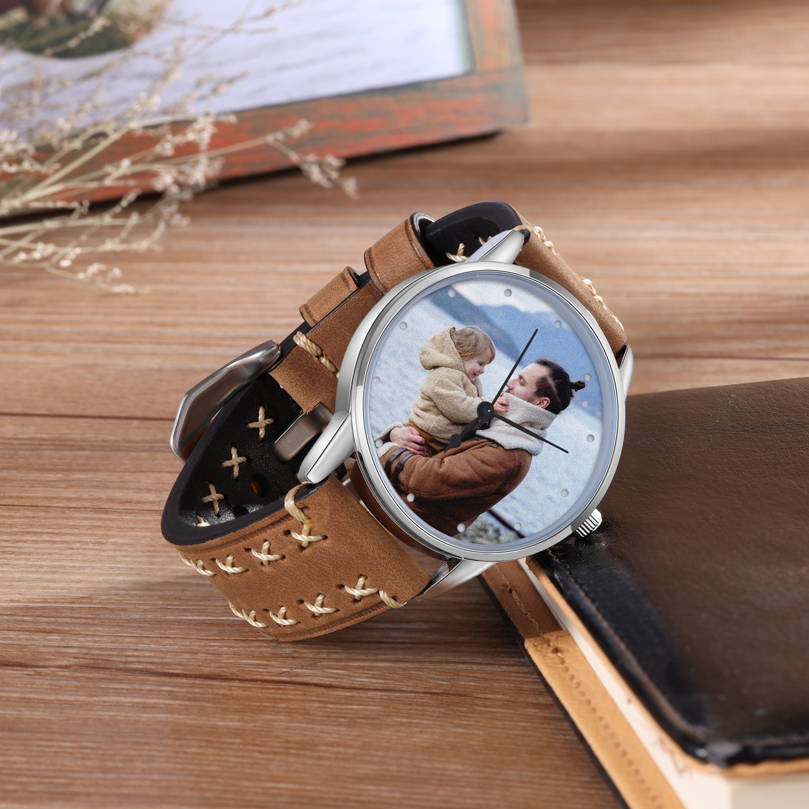 Montre Personnalisée Photo avec Gravure du prénom en Cuir véritable