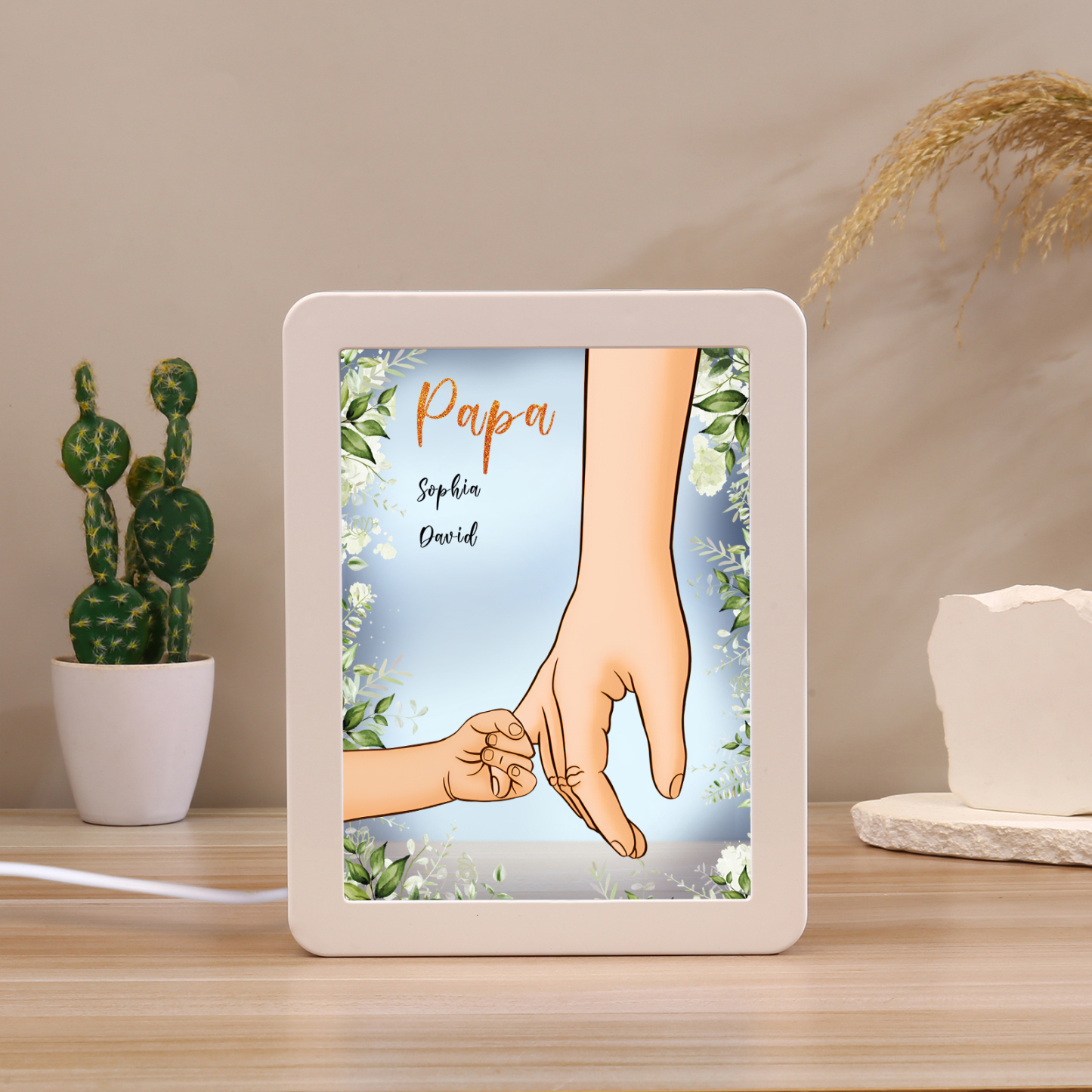 Lampe LED/Cadre Photo/Miroir multifonctionnel la main dans la main 2 Prénoms et 1 Tetxe Personnalisés Cadeau Créatif pour Famille