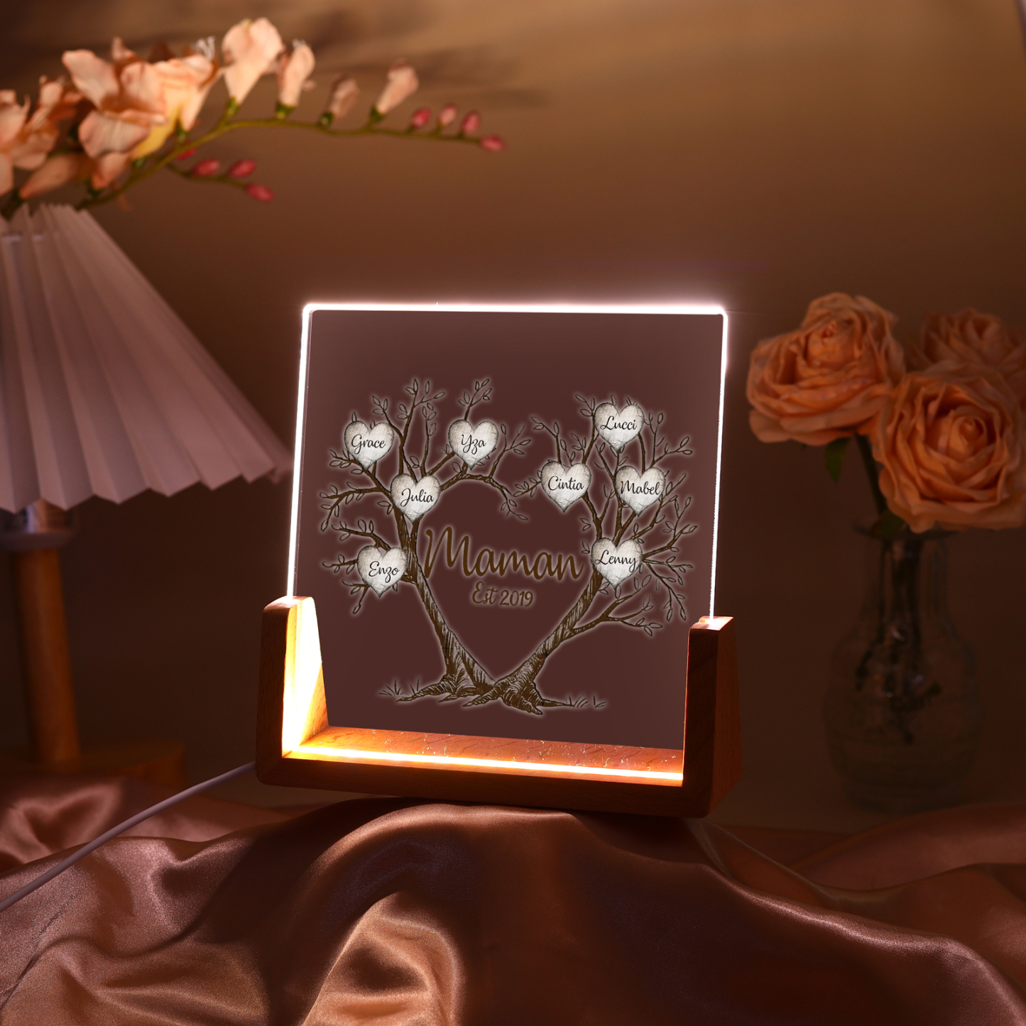 À Maman/Mamie - Lampe de chevet LED Arbre de Vie 8 Prénoms Personnalisés avec Texte et Date pour Famille