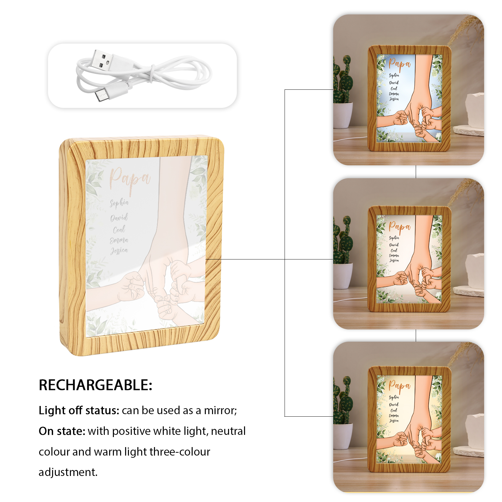 Lampe LED/Cadre Photo/Miroir multifonctionnel la main dans la main 5 Prénoms et 1 Tetxe Personnalisés Cadeau Créatif pour Famille