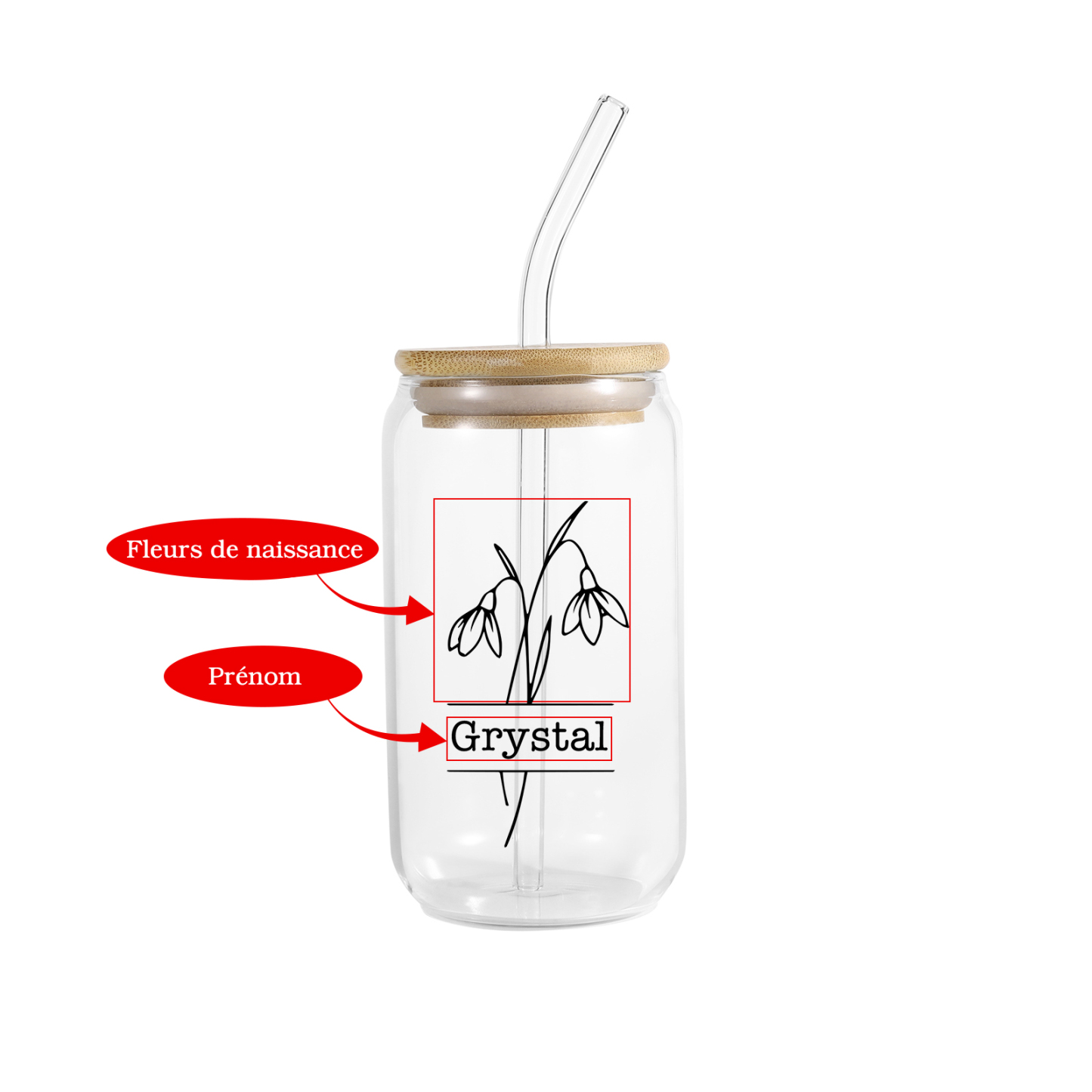 Tasse en Verre avec Paille Prénom Personnalisé avec Fleur de Naissance Cadeau de remise des Diplômes