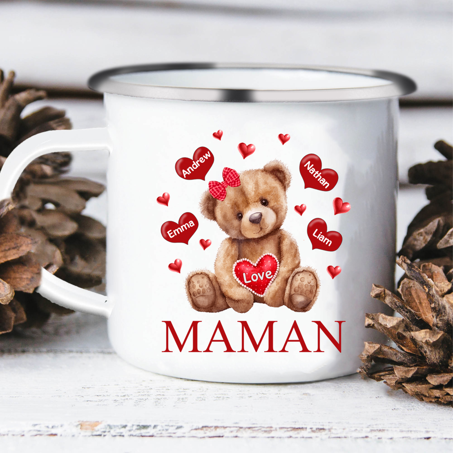 À Maman/Mamie - Tasse émaillée Ours 4 Prénoms Personnalisés