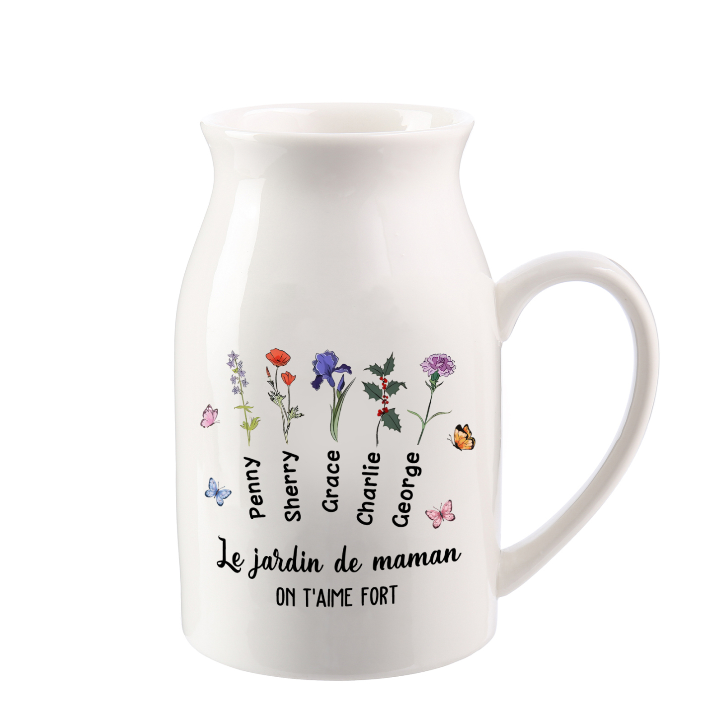 Vase à Fleurs Papillon 5 Prénoms et Fleurs de Naissance Personnalisés avec 2 Textes Décoration de la Maison