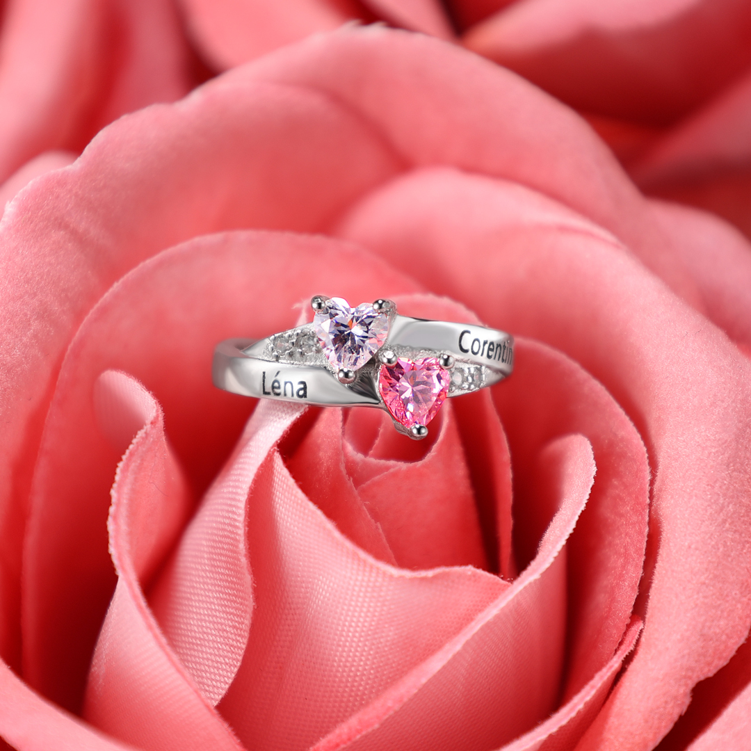 Bague 2 Prénom Personnalisé avec Pierre de Naissance