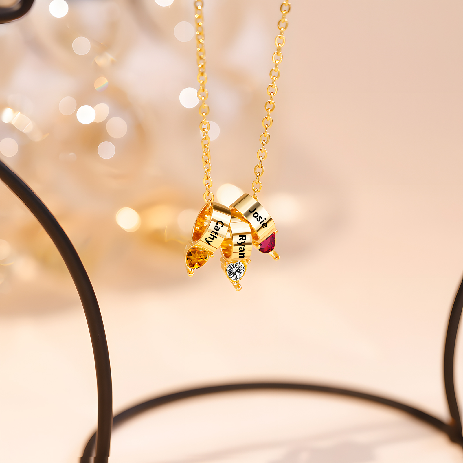 Collier Pendentif Cœur 3 Prénoms et Pierres de Naissance Personnalisés Collier Femmes