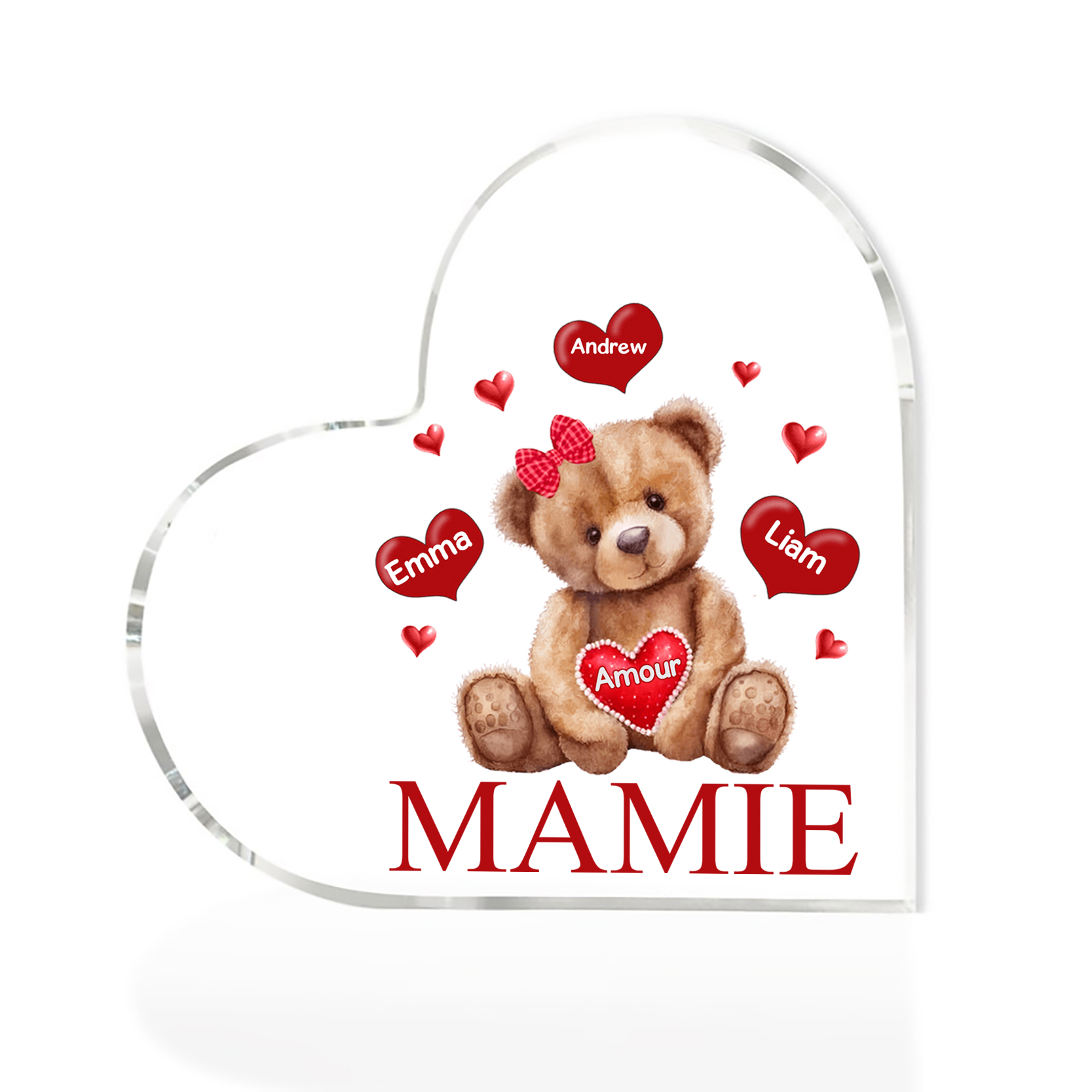À ma Maman/Mamie - Plaque Acrylique Ours en Forme de Cœur 3 Prénoms Personnalisés avec 1 Texte
