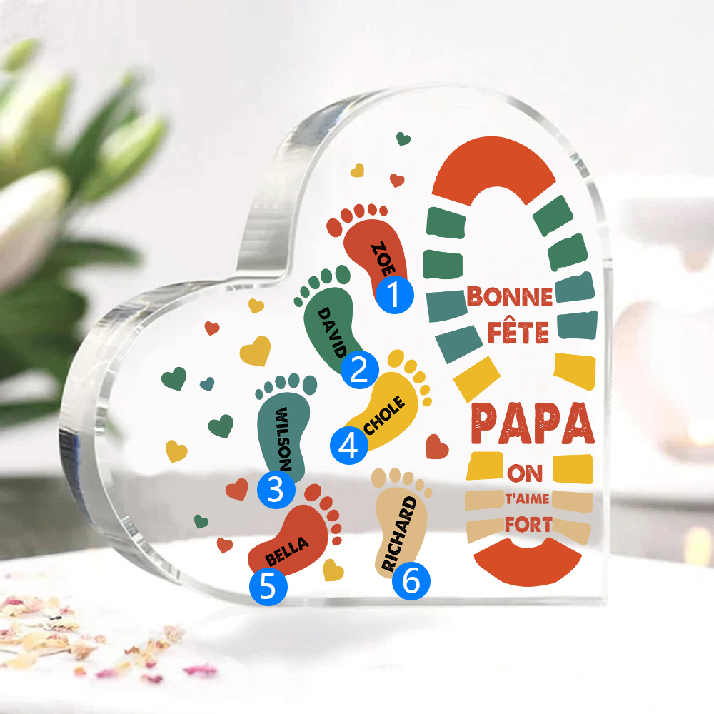 À mon Papa - Plaque Acrylique en Forme de Cœur Empreintes 6 Prénoms Personnalisés