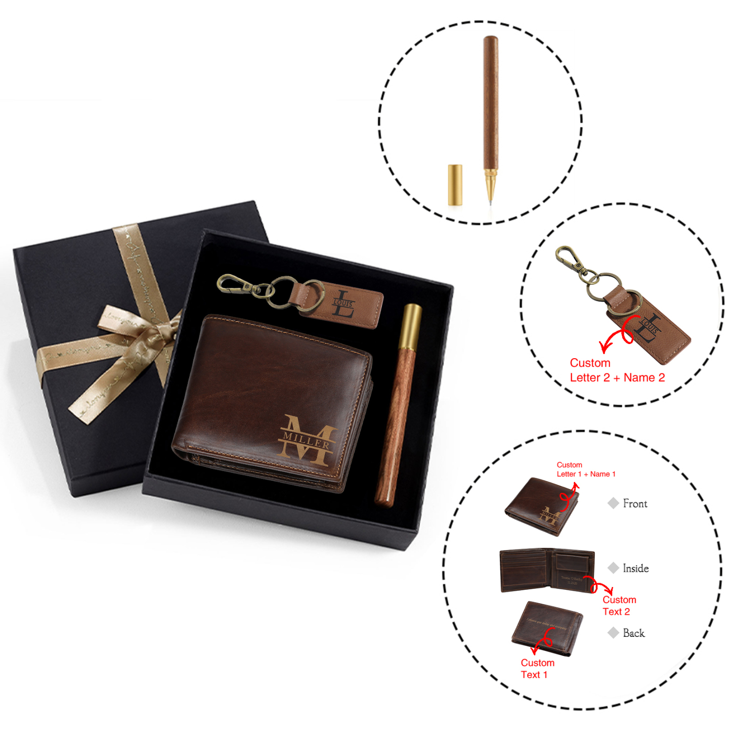 Coffret Cadeau 3PCS - Portefeuille classique Porte-Clés et Stylo 2 Prénoms et Lettres Personnalisés avec 2 Textes Coffret Cadeau pour Homme