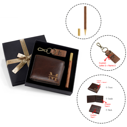 Coffret Cadeau 3PCS - Portefeuille classique Porte-Clés et Stylo 2 Prénoms et Lettres Personnalisés avec 2 Textes Coffret Cadeau pour Homme