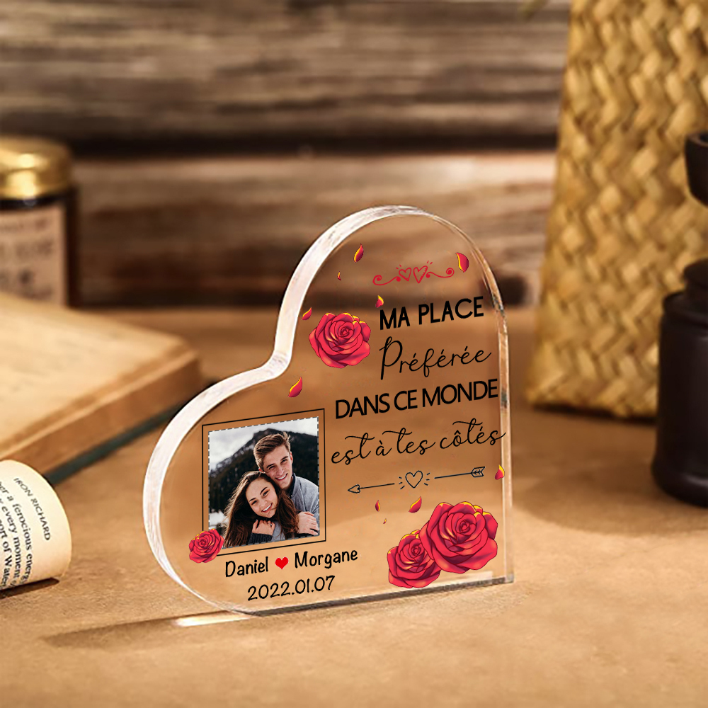 Plaque Acrylique en Forme de Coeur 2 Prénoms avec Photo et Date Personnalisées