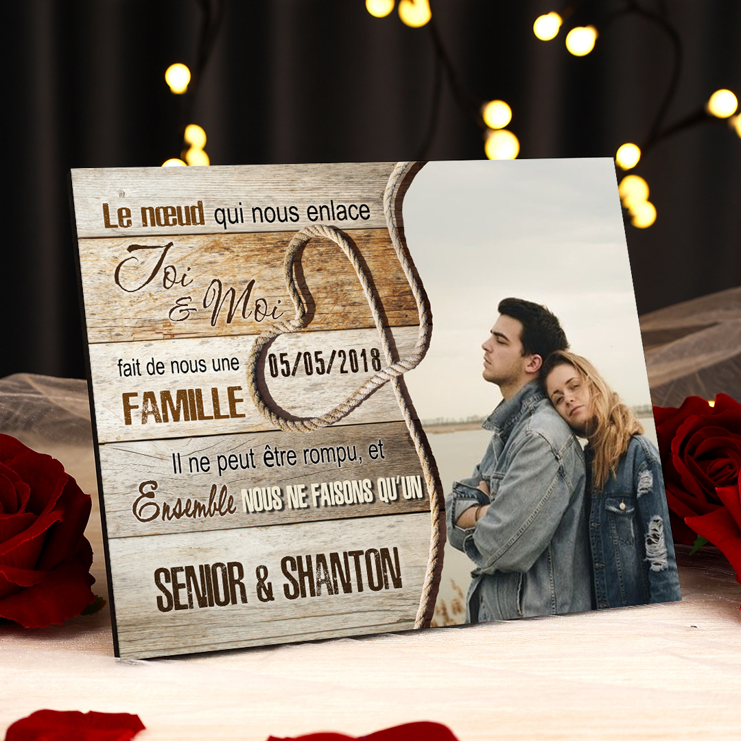 Cadre en Bois 2 Prénoms Personnalisés avec Date et Photo pour Couple Cadeau Saint Valentin | Jessemade