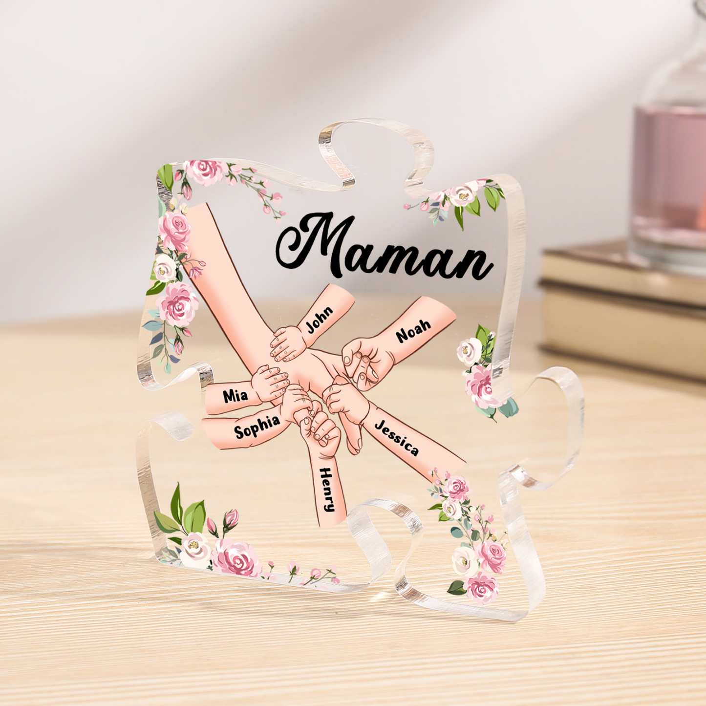 Plaque Acrylique en forme de Puzzle la main dans la main 6 Prénoms et 1 Texte Personnalisés