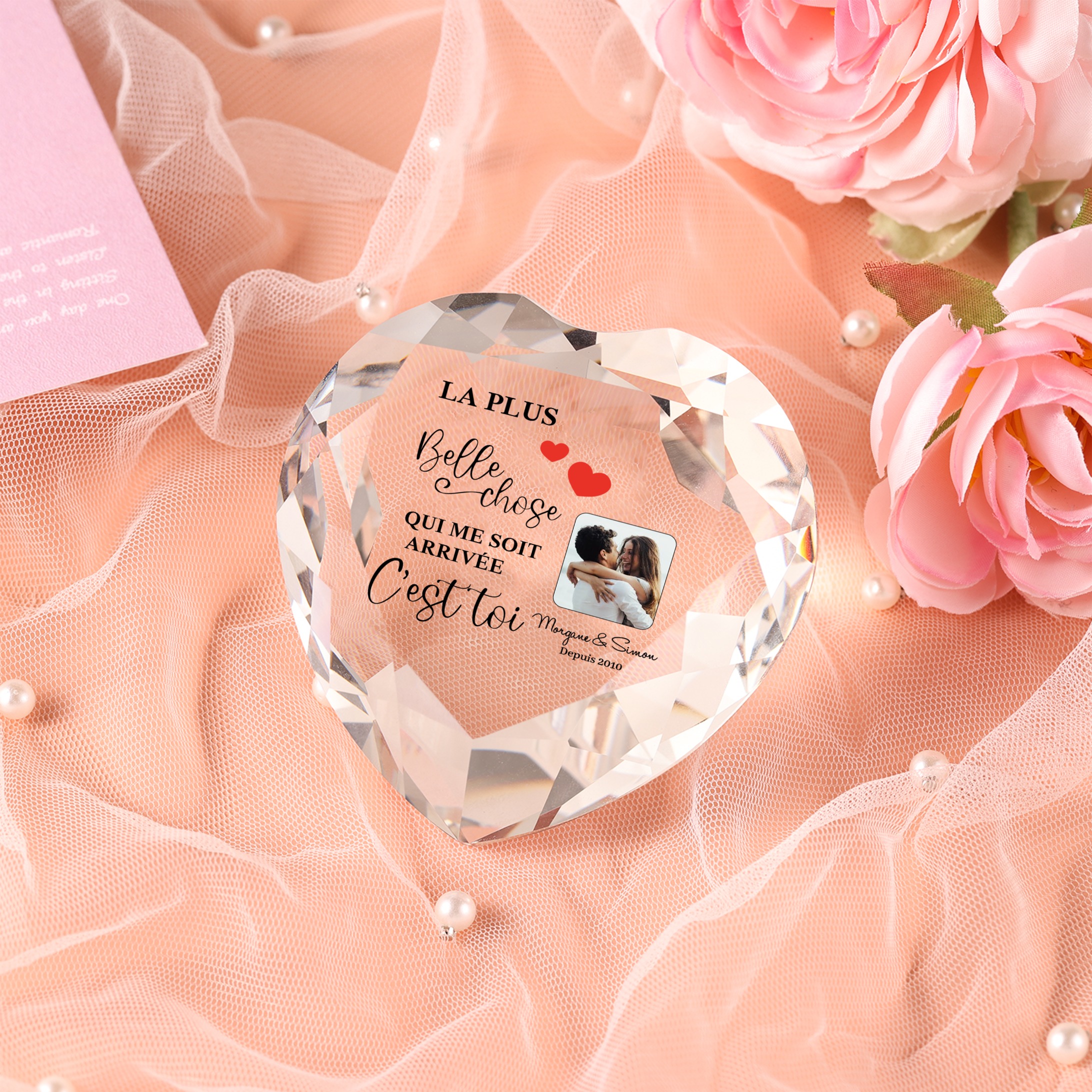 Décoration Cristal Cœur 2 Prénoms et 1 Photo Personnalisés avec Date pour Couple